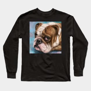 Painting of a Brown and white Bulldog with a Sad Face on Blue Background Long Sleeve T-Shirt